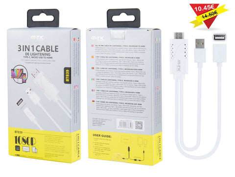 BT839 BL Cable 3 en 1 Iphone/Micro USB/Type C a HDMI (Moviles y Tablets a TV) 1080P, Blanco