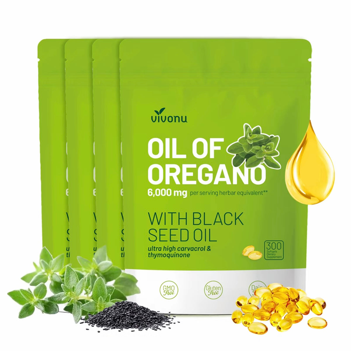 Aceite de orégano 300 cápsulas con aceite. Semilla negra ￼