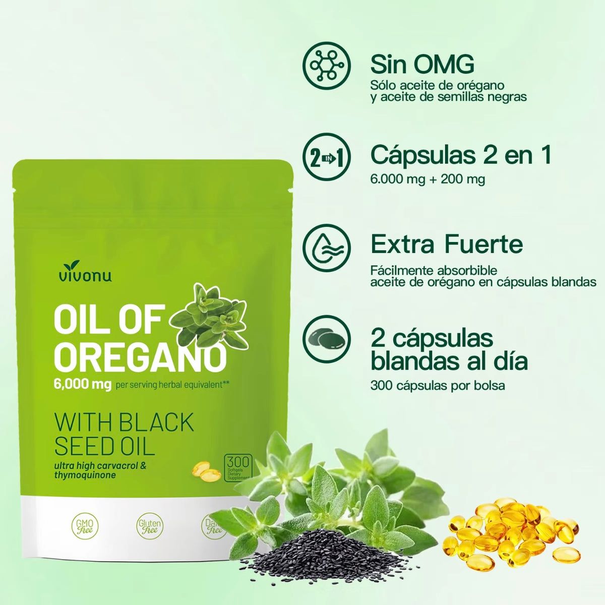 Aceite de orégano 300 cápsulas con aceite. Semilla negra ￼