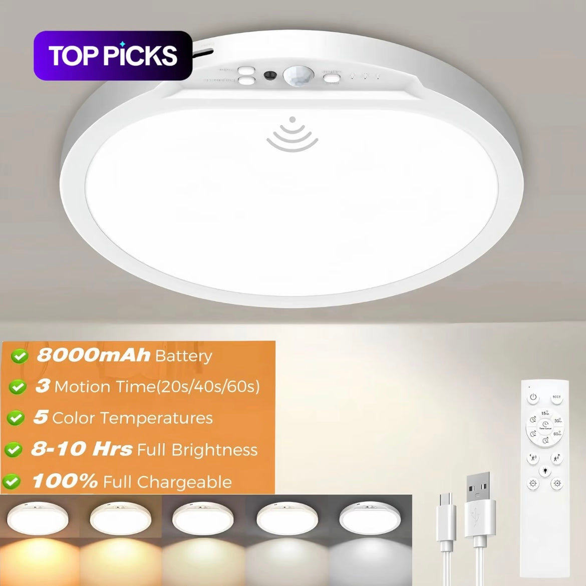 Luz de techo con sensor recargable