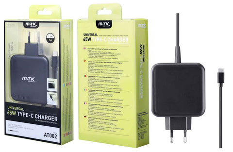 Cargador universal con cable TYPE C para notebook y smartphone, 65W,1.5M, Negro