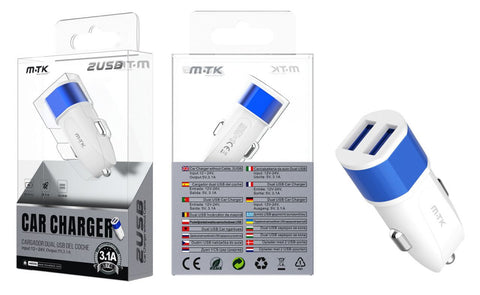 AT741 BL+AZ Cargador Mechero Meteor sin cable, 2 USB , 3.1A/5V,Blanco + Azul
