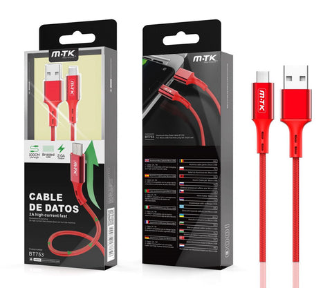 BT753 RJ Cable de Datos  Aluminio Flat para Micro USB , 2A  1M , Rojo