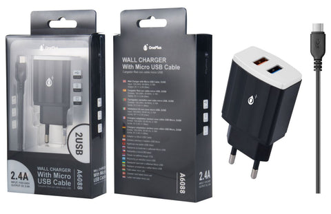 Cargador Red Waves con Cable para Micro USB, 2USB 2,4A, Negro y Blanco