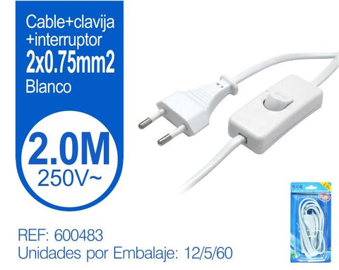 CABLE+CLAVIJA+INTERRUPTOR 2X0.75mm2 2m Blanco