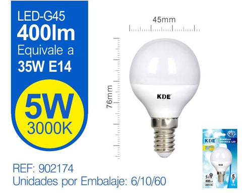 LED ESFéRICA G45 5W E14 LUZ CáLIDA