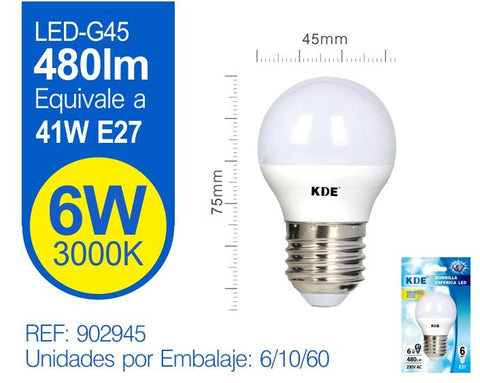 LED ESFéRICA G45 6W E27 LUZ CáLIDA