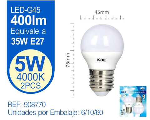 LED ESFERICA G45 5W E27 LUZ NATURAL X2