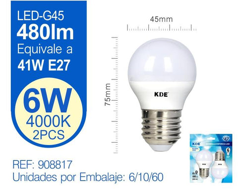 LED ESFERICA G45 6W E27 LUZ NATURAL X2