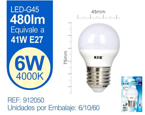LED ESFéRICA G45 6W E27 LUZ NATURAL