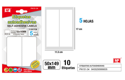 ETIQUETAS BLANCAS D=50x149MM 10U 5HOJAS MP