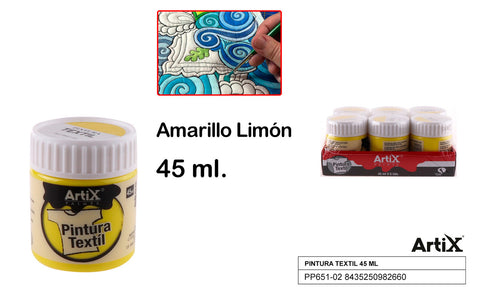 PINTURA TEXTIL AMARILLO LIMON 45 ML ARTIX